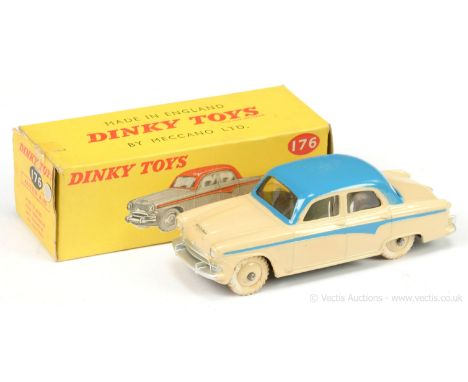 Dinky 176 Austin A105 Saloon - two-tone mid blue roof &amp; side flashes, light beige body &amp; ridged hubs with white tread