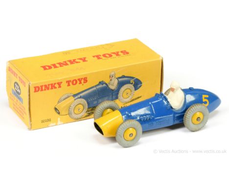 Dinky 23h Ferrari Racing Car - blue, yellow nose, racing number 5 and ridged hubs with grey treaded tyres, figure driver - Ex