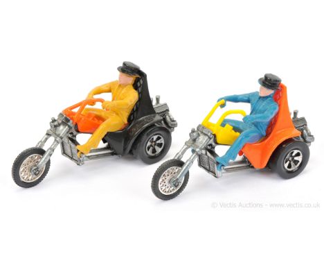 Hot Wheels (Mattel) RRRumblers - a pair (1) Squealer - orange plastic seat with yellow tank and handlebars, blue figure rider