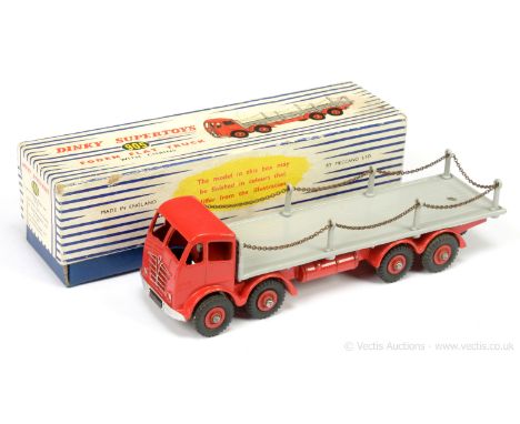 Dinky 905 Foden (Type 2) Flat Truck with Chains - red cab, chassis and Supertoy hubs with treaded tyres, light grey back, sil