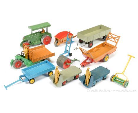 Dinky unboxed Farm Related group to include 105a / 381 Garden Roller; 105c / 383 Hand Truck; 27g / 342 Motocart; 105b / 382 W