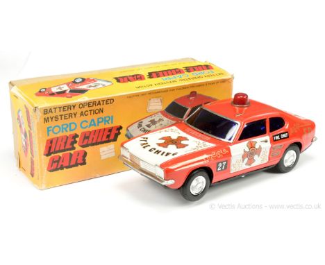 ASC (Japan) Tinplate Battery Operated Ford Capri "Fire Chief" Car (Mark 1) - finished in red including roof light, white door