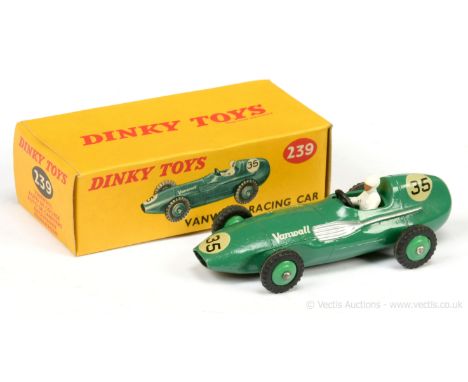 Dinky 239 Vanwall Racing Car - green body, mid-green ridged hubs with treaded tyres, silver trim, figure driver, racing numbe