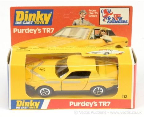 Dinky 112 "The New Avengers" Triumph TR7 "Purdy's" Car - yellow body, black base &amp; interior, silver stripes, Speedwheels 