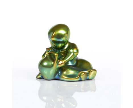 Zsolnay Figure of a girl green lustre glazed  factory mark to base 8cm high