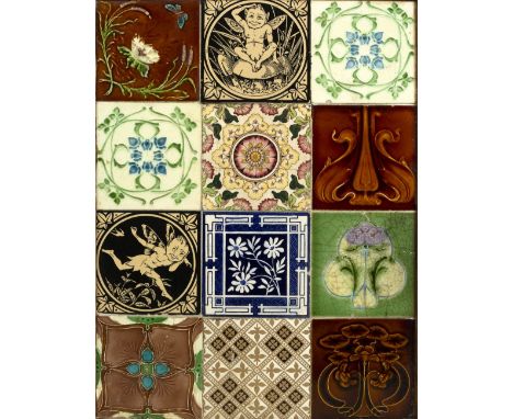 Art Nouveau Panel of twelve ceramic tiles each decorated with floral designs 62cm x 47cm
