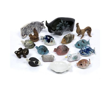 Studio pottery  Collection of ceramic animals  bull, fish and others bull 16cm across  (17)