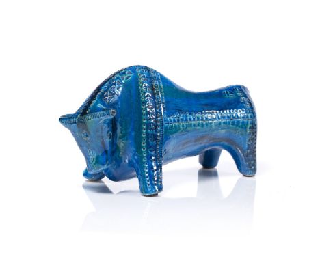 Attributed to  Aldo Londi for Bitossi Ceramiche "Riminu Blu" ceramic bull blue glazed, stamped decoration  potters mark to ba