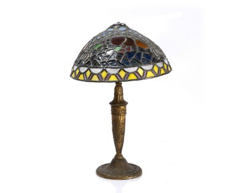 Tiffany &amp; Co style Stained glass lamp shade, early 20th century gilt cast metal base 55cm high