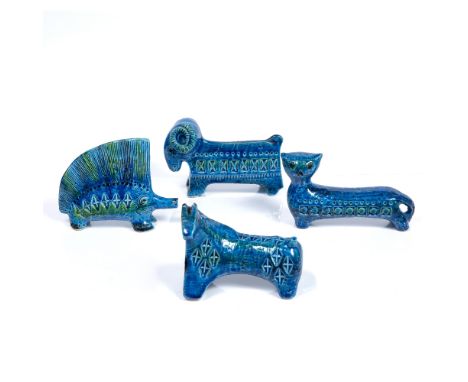 Bitossi Ceramiche  Four ceramic animals blue glazed, stamp decoration  each with painted numbers/stamps to underside each app