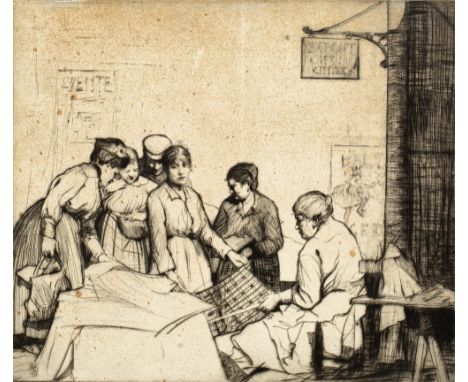 William Lee Hankey (British, 1869-1952) Street scene with workers etching signature to margin framed, 53cm x 50cm