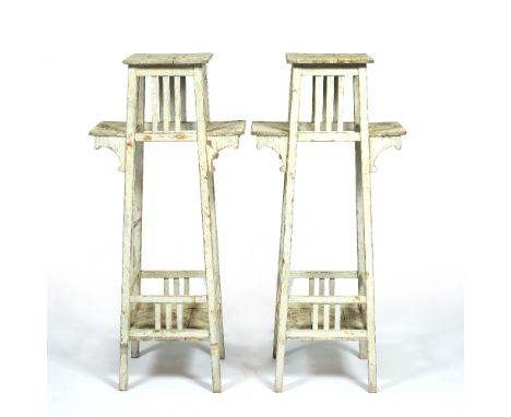 Vienna Secession style Pair of painted wooden stands three platforms over a single shelf 122cm high 