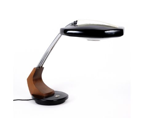 Fase, Madrid "Falux" adjustable table Lamp, c1960 cast metal shade and rotating base, chrome and beech stem factory label to 
