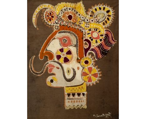 Abstract portrait  Batique print on fabric indistinct signature to lower right  71cm x 55cm 