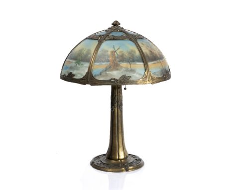 Edward Miller &amp; Co, USA Table lamp, early 20th Century hand painted rural scenes to the glass shade, metal work finished 