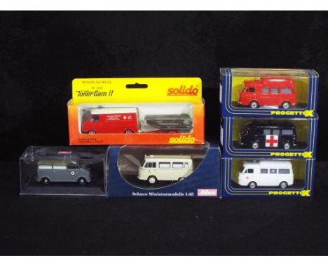 Progetto, Schuco, Solido - Six boxed diecast 1;43 scale model ambulances. Lot includes Progetto PK348 Fiat 238 Carabinieri; S