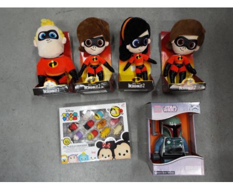 Unused Retail Stock - Four boxed Incredibles 2 figures, a Lego Star Wars Boba Fett alarm clock and a pack of Disney Tsum-Tsum