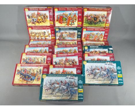 Zvezda - 19 boxed 1:72 scale model kits of historical armies. Lot includes #8003 Mongols; 8006 Persian Infantry; #8038 Republ