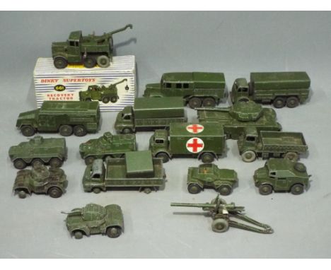 Dinky Toys - A collection of 16 predominately unboxed diecast military vehicles. Lot includes #661 a boxed Recovery Tractor i