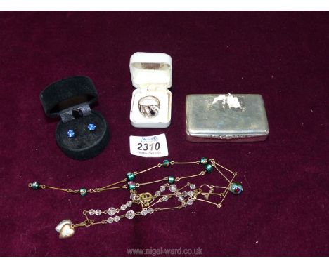 A quantity of jewellery including a silver snuff box, Birmingham 1926 by D. Bros, a dress ring, pair of blue earrings and two