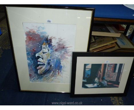 A framed and mounted Watercolour depicting a Portrait figure possibly singing, indistinctly signed, 31'' x 25'' and a framed 