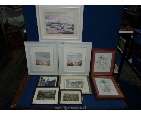 A quantity of prints to include Market Square Alston Cumbria, two beach scenes, floral prints,  two woven on silk pictures, w