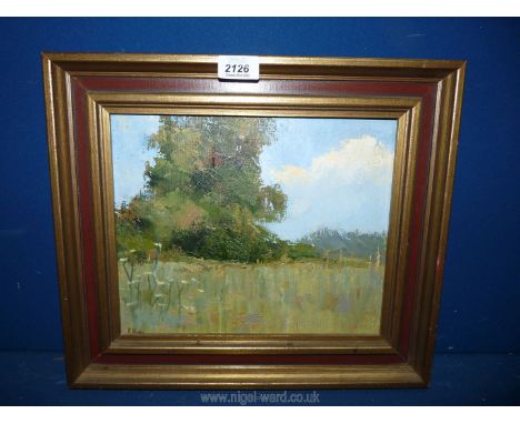 A framed Oil painting, 'Landscape, Pangbourne' depicting a meadow with trees on the horizon, signed lower left K. Hudson '84.