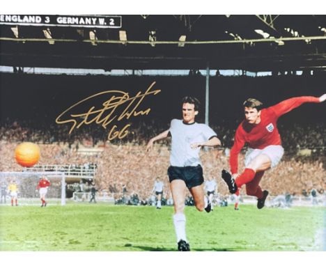 Football Geoff Hurst signed 16x12 colour photo pictured in action scoring his hat trick goal in the 1966 World Cup Final. Goo