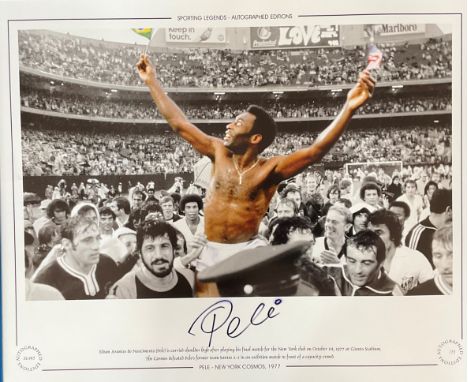 Football Pele signed 16x20 Sporting Legends Autographed Edition colourised photo pictured being carried shoulder high after p