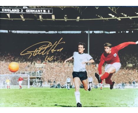 Football Geoff Hurst signed 16x12 colour photo pictured in action scoring his hat trick goal in the 1966 World Cup Final. Goo