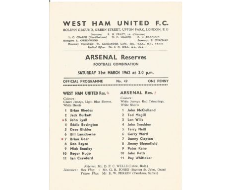 Football vintage single team sheet West Ham United Reserves v Arsenal Reserves Football combination 31st March 1962. Good con