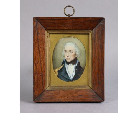 A 19th century portrait miniature of Admiral Lord Nelson, 3½”x2½” (oval), in rectangular wooden frame. (6¼”x5¼” overall).
