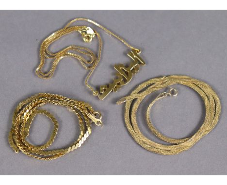 A 9ct. gold necklace of patterned flat links, 15½” long (3.7 gm); a similar necklace – broken (6.3 gm); &amp; a yellow metal 