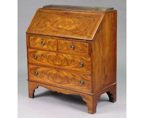 A 19th century mahogany &amp; satinwood crossbanded bureau, the top with pierced brass gallery above a fitted interior with g