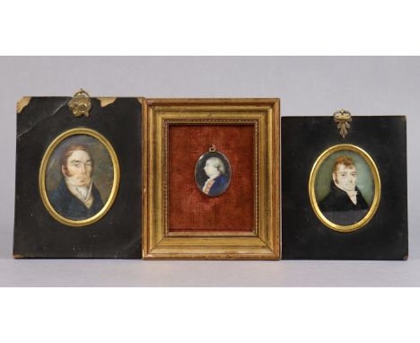 ENGLISH SCHOOL, Late 18th century. A portrait miniature of a gentleman, in profile, wearing blue jacket, 1½”x 1?”; &amp; two 