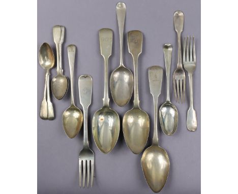 Three George IV/Wm IV Fiddle pattern table spoons; a ditto Geo III table fork; two ditto dessert forks; three ditto teaspoons