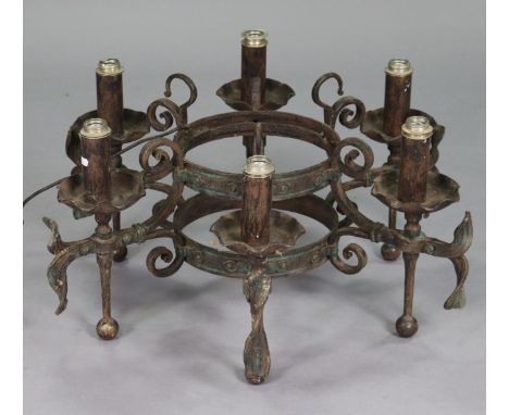 A decorative wrought-iron ceiling light fitting with six scroll arms, wired for electricity, 34” wide x 17” high overall.
