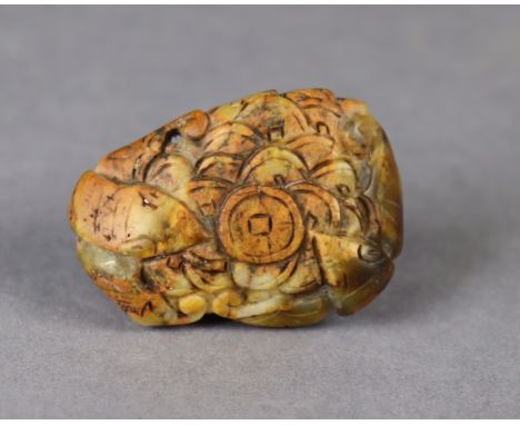 A Chinese mottled green &amp; russet jade pendant carved in relief with mice &amp; bats encircling cash coins, 2”x1?”, probab