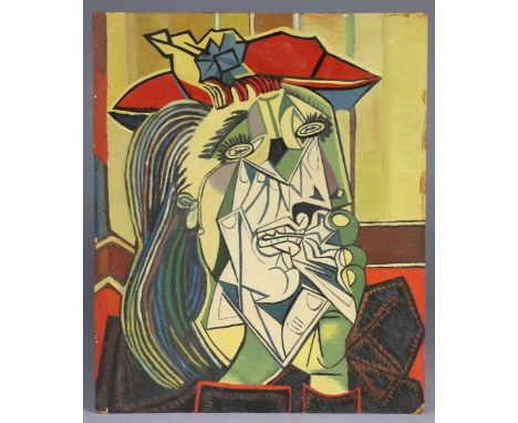 ENGLISH SCHOOL, 20th century, after PICASSO. An oil on board study of the “Weeping Woman”, inscribed &amp; signed “N.J. Gregs