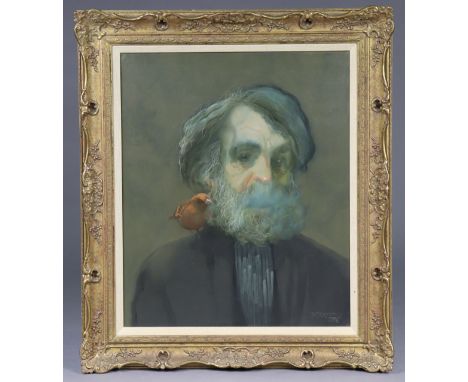 RICHARD EWEN (1928-2009) portrait of a bearded gentleman with a bird on his shoulder signed “Ewen” &amp; dated 1974, oil on c