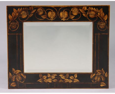 A VICTORIAN ARTS &amp; CRAFTS WALL MIRROR in painted wooden frame with William Morris style floral motif, with bevelled plate