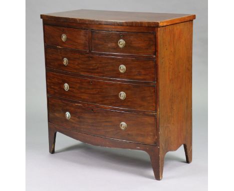 A Georgian mahogany bow-front chest with crossbanded top, fitted two short &amp;  three long graduated drawers with brass rin