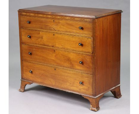 A late 19th century inlaid mahogany chest with moulded edge to the rectangular top, fitted four long graduated drawers with t