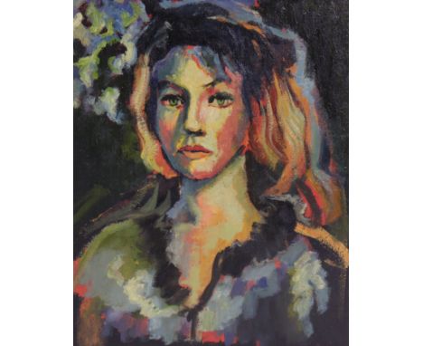 A 1960s portrait of a lady, bust length, signed indistinctly &amp; dated '69 upper right. Oil on board, in painted rectangula