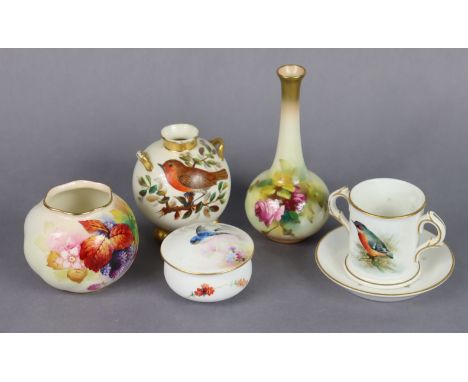 A Royal Worcester porcelain round spiral-fluted vase painted with blackberries by Kitty Black, 2½”; a ditto 3¾” dish painted 