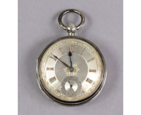 A Victorian silver open-face pocket watch, the engine-turned silver dial with gold roman numerals &amp; decorative border, su