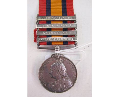 Boer War Queens South Africa medal with South Africa 1901, Belfast, Laing's Nek and Relief of Ladysmith clasps, named to "665