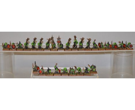Games Workshop, Warhammer Fantasy: Regiment of 28 Night Goblins, including Sword, Axe and Club examples. Metal. Professionall