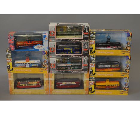 Ten boxed Corgi diecast tram models including OM43504 Blackpool Brush Railcoach Eclipse and OM44001 Blackpool Single DEck Tra