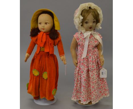 2 x Nora Wellings dolls. 18" felt body Cora doll with label to foot, in hand stitched vintage dress and newer bonnet. 18" "Ol